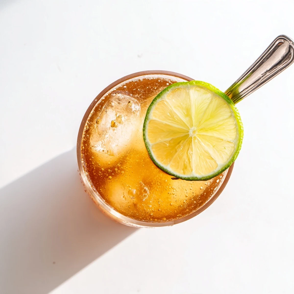 Golden Thai lime iced tea poured over crushed ice with bright green lime garnish