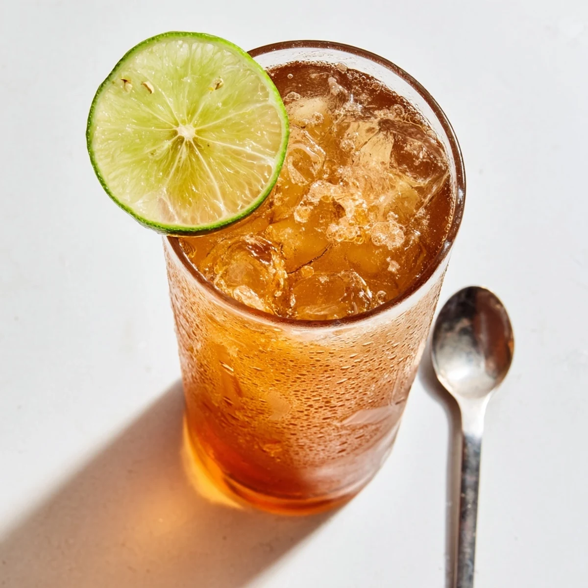 Refreshing Thai lime iced tea in clear glass showing amber liquid and floating ice