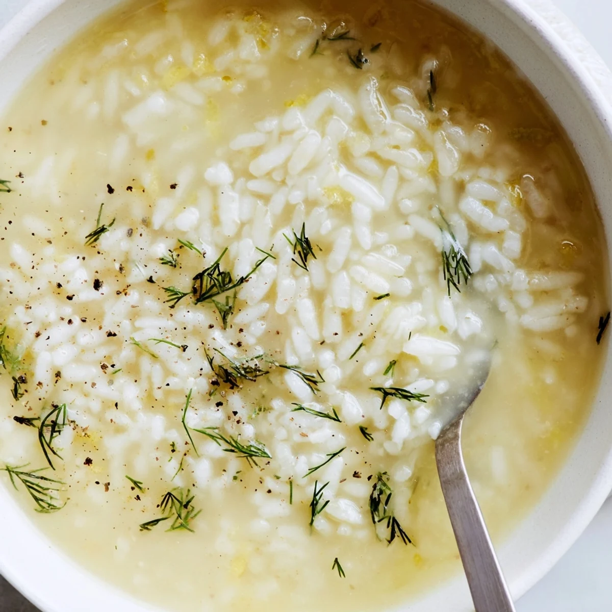 Golden bowl of creamy Greek Egg and Lemon Soup garnished with fresh green dill and served with crusty bread
