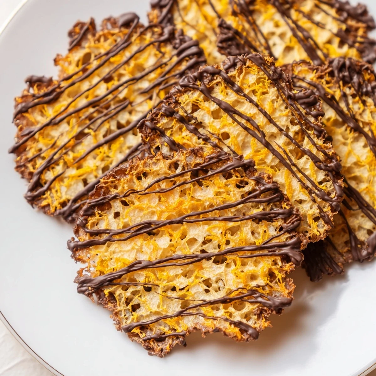 Golden brown crispy orange lace cookies spread thin on baking sheet with delicate lacy edges