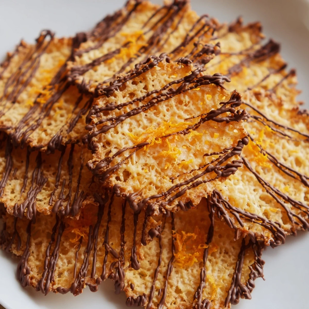 Thin orange lace cookies cooling on wire rack with optional dark chocolate drizzle on top