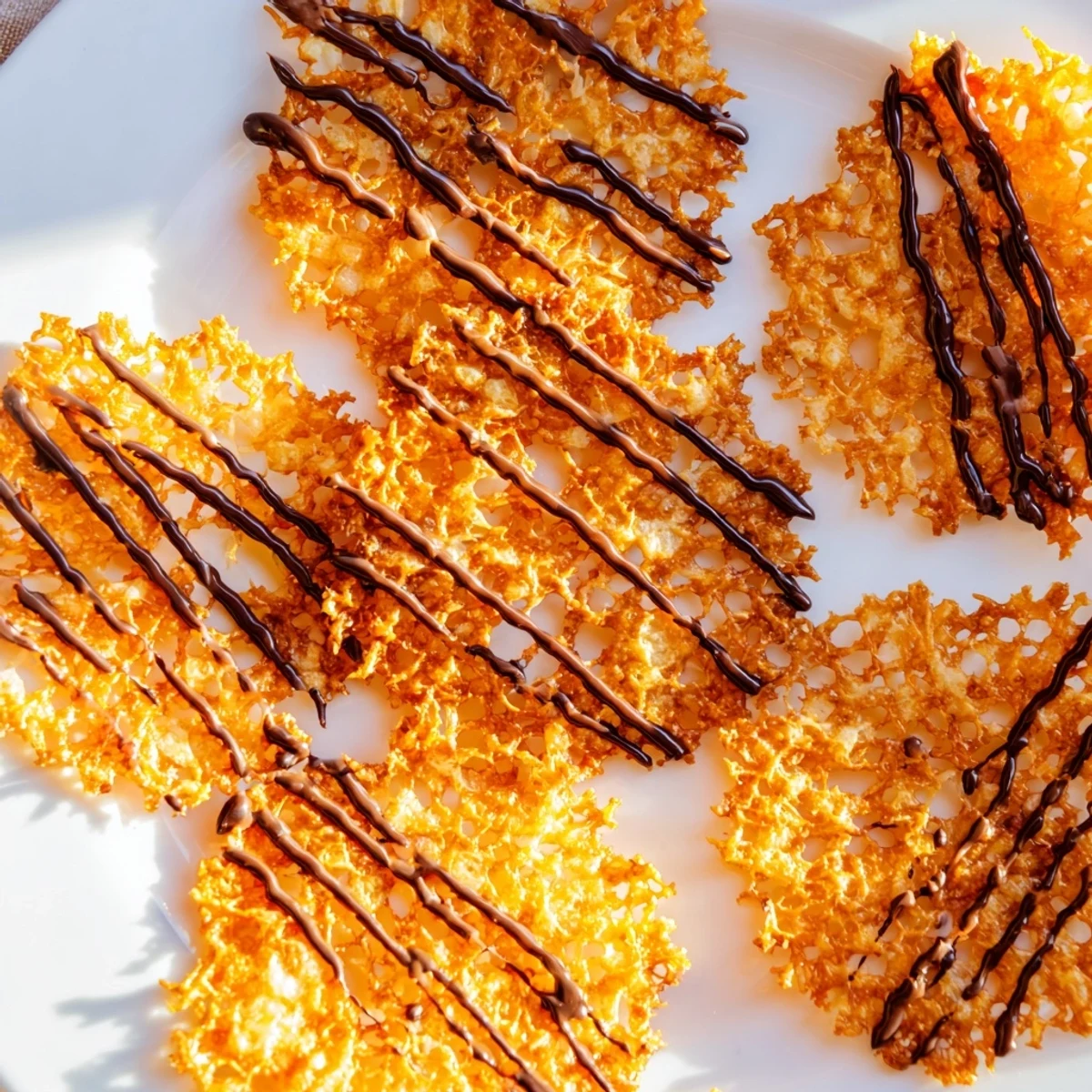Plate of crispy orange lace cookies paired with tea showing their translucent golden texture