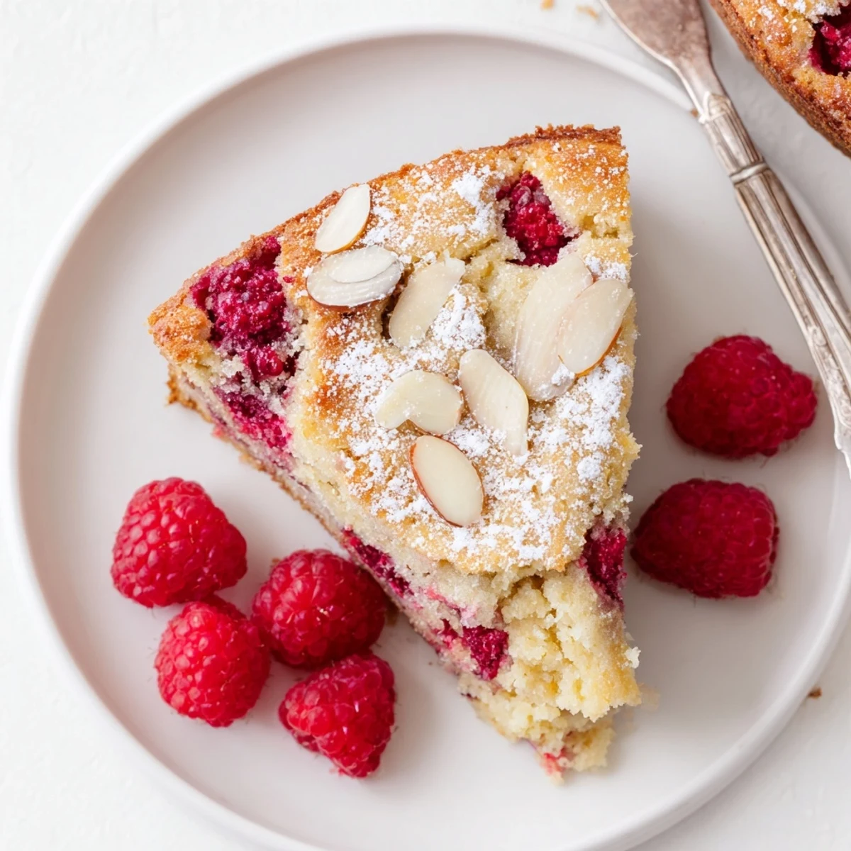 Golden almond raspberry cake topped with fresh red berries and powdered sugar dusting