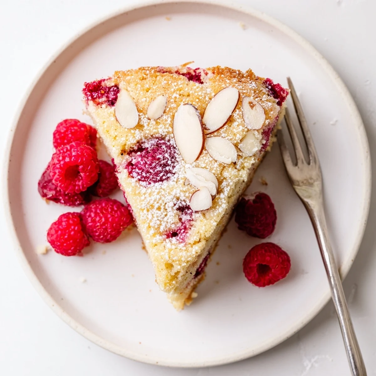 Moist almond raspberry cake slice featuring juicy baked berries and nutty almond flour crumb