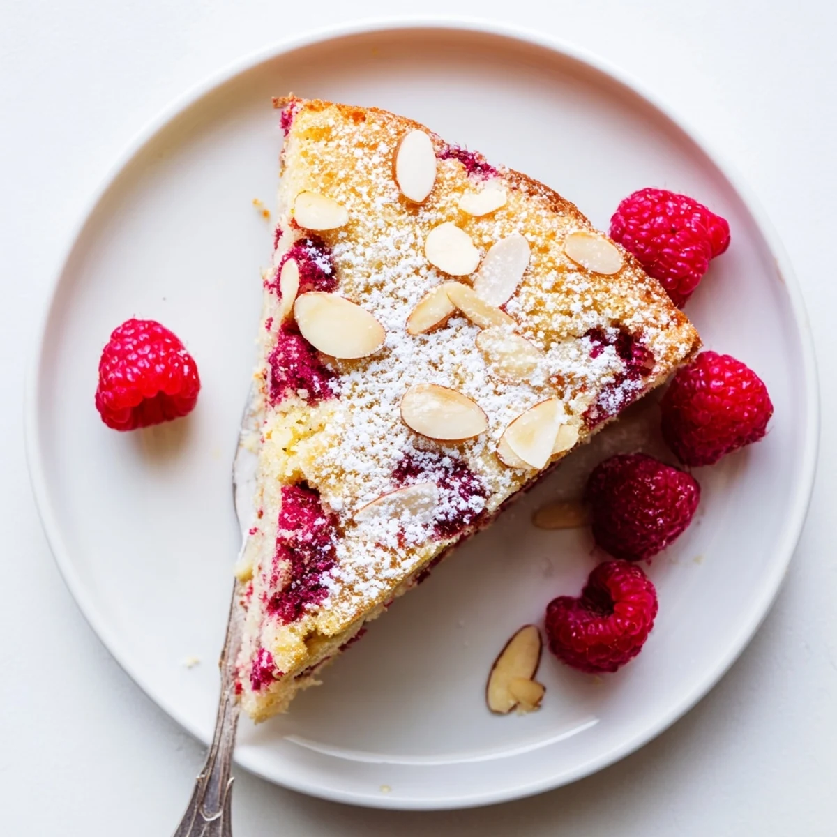 Fluffy almond raspberry cake dessert with golden crust and scattered fresh raspberries on white plate