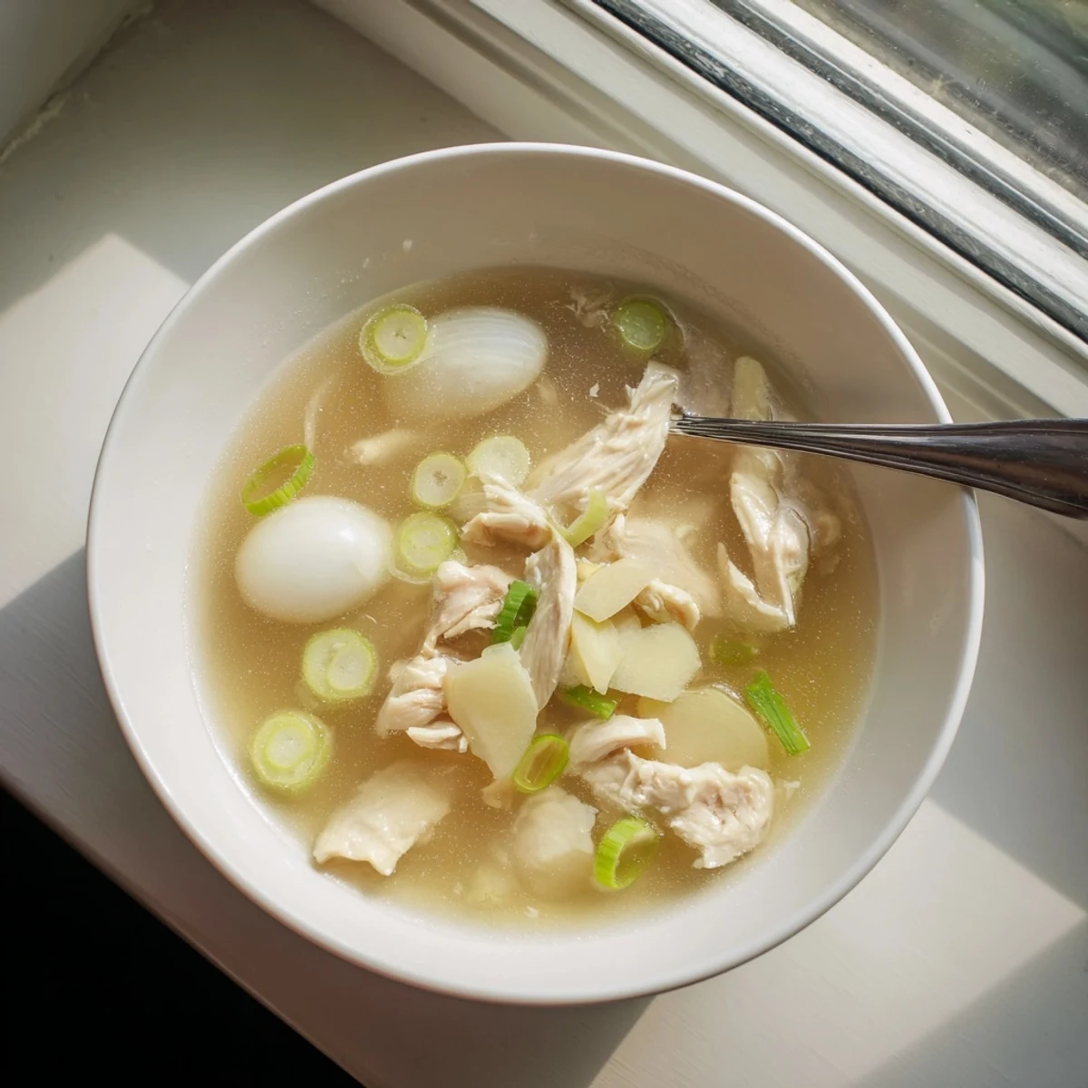 Golden Dakgomtang broth with tender shredded chicken pieces in a white ceramic bowl with sesame seeds