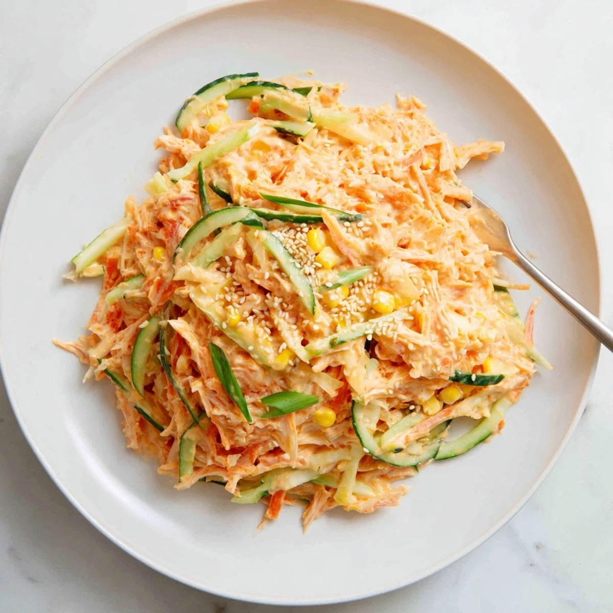 Chilled spicy kani salad featuring shredded imitation crab, cucumber, carrot, and sesame seed garnish