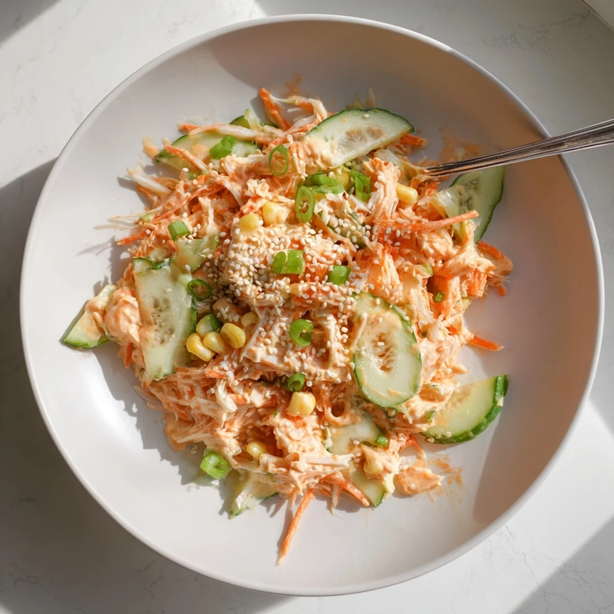 Creamy Japanese spicy kani salad with fresh vegetables served in white bowl for appetizer