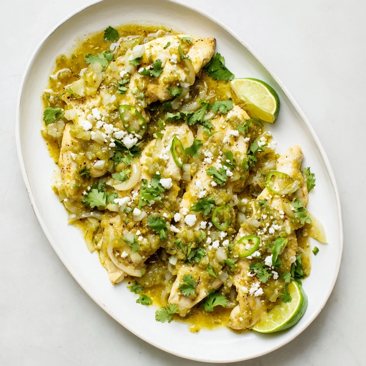 Golden chicken breasts simmering in vibrant green salsa verde sauce with fresh cilantro garnish