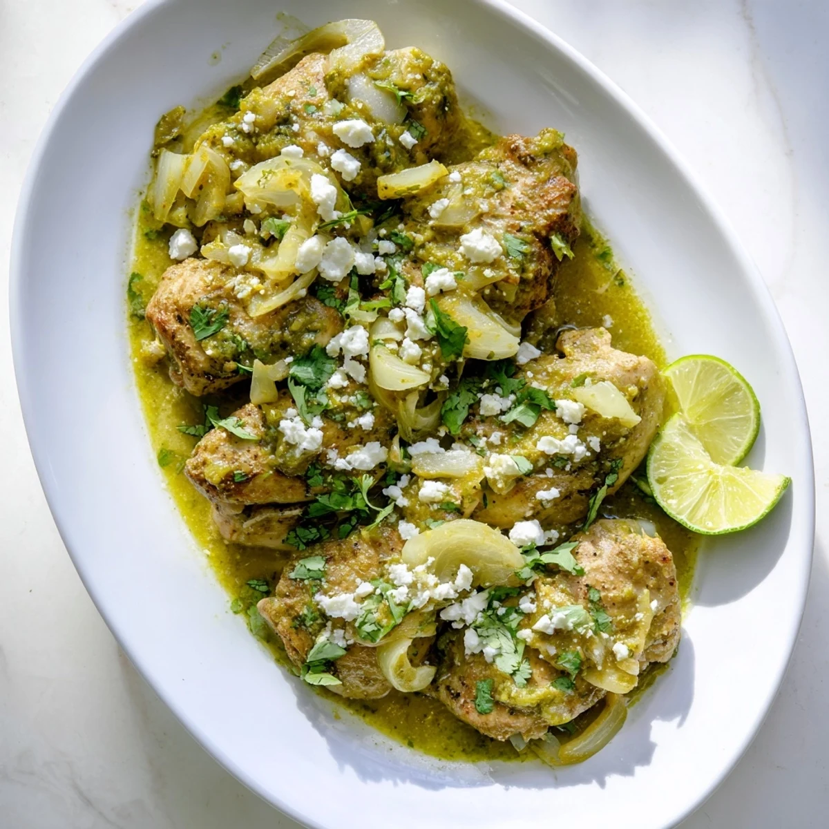 Juicy chicken cooked in tangy green salsa verde sauce served with lime wedges and onions