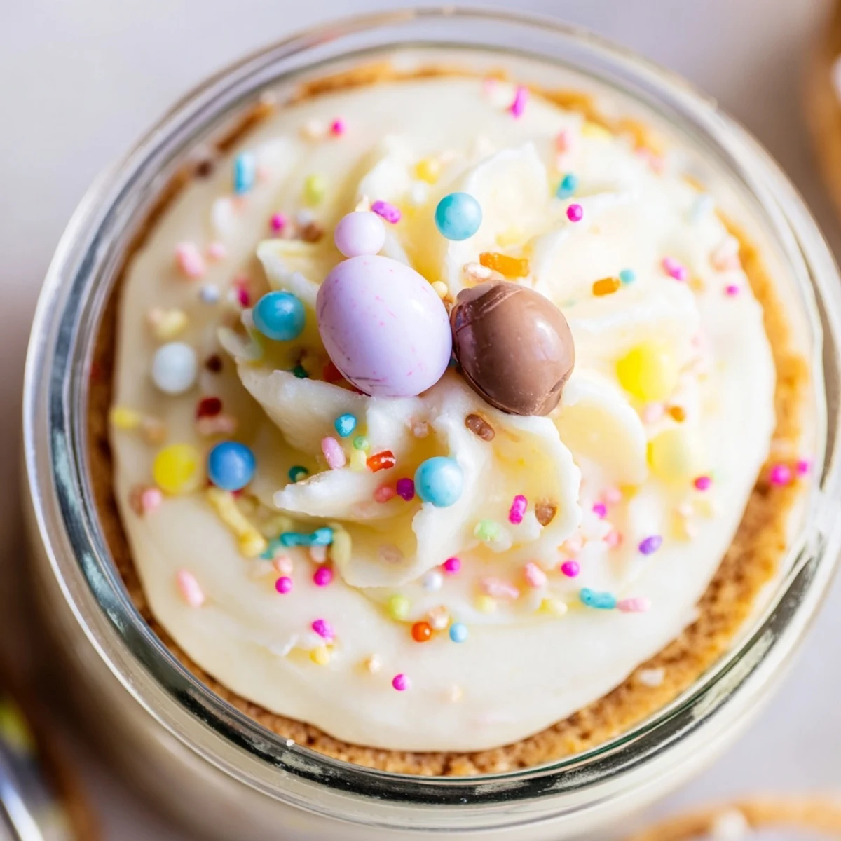 Individual Easter Egg Cheesecake Jars topped with whipped cream and pastel sprinkles for festive spring dessert