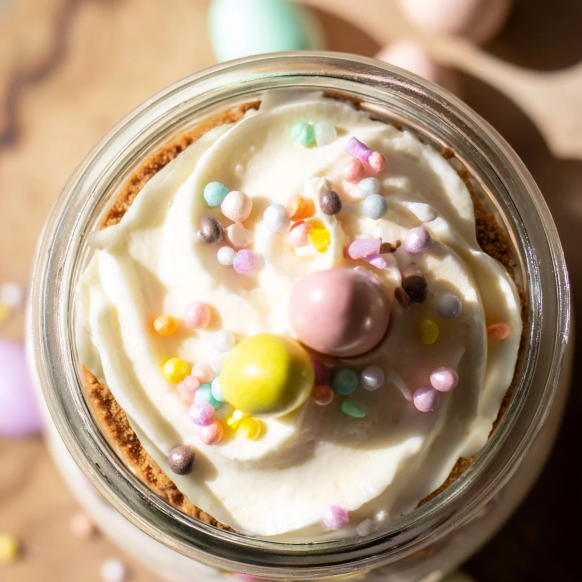 Glass jars filled with fluffy cheesecake hiding mini chocolate eggs beneath a smooth white cream layer