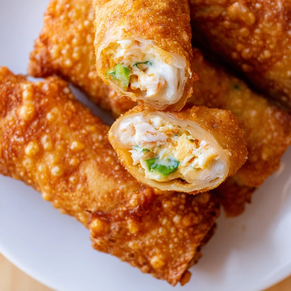 Golden fried Crab Rangoon egg rolls with creamy crab and cream cheese filling ready for dipping