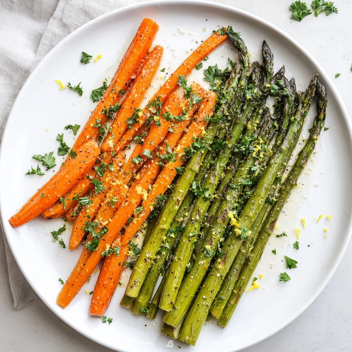 Golden brown roasted asparagus and carrots arranged on a white serving platter