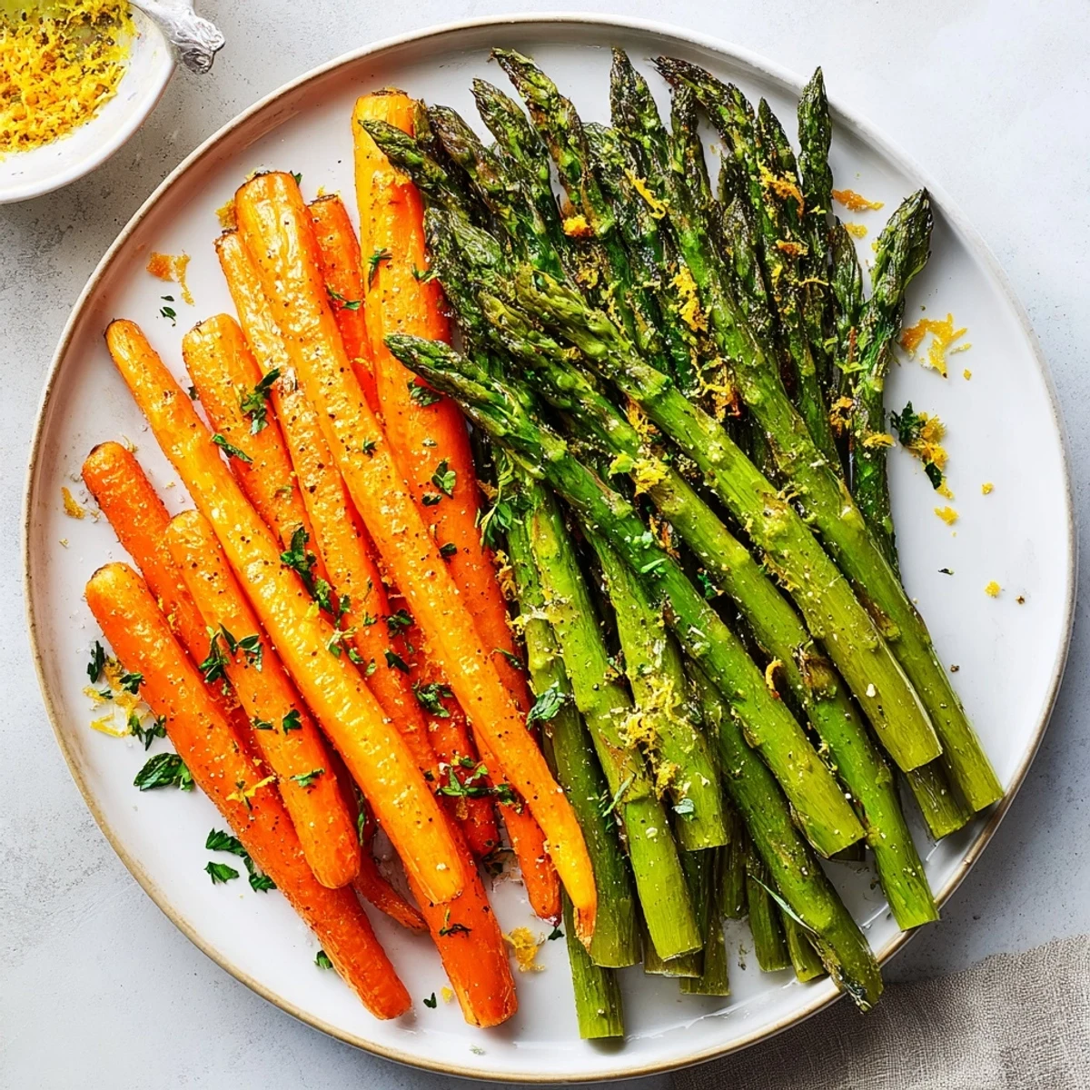 Colorful roasted asparagus and carrot sticks with fresh parsley garnish on baking sheet