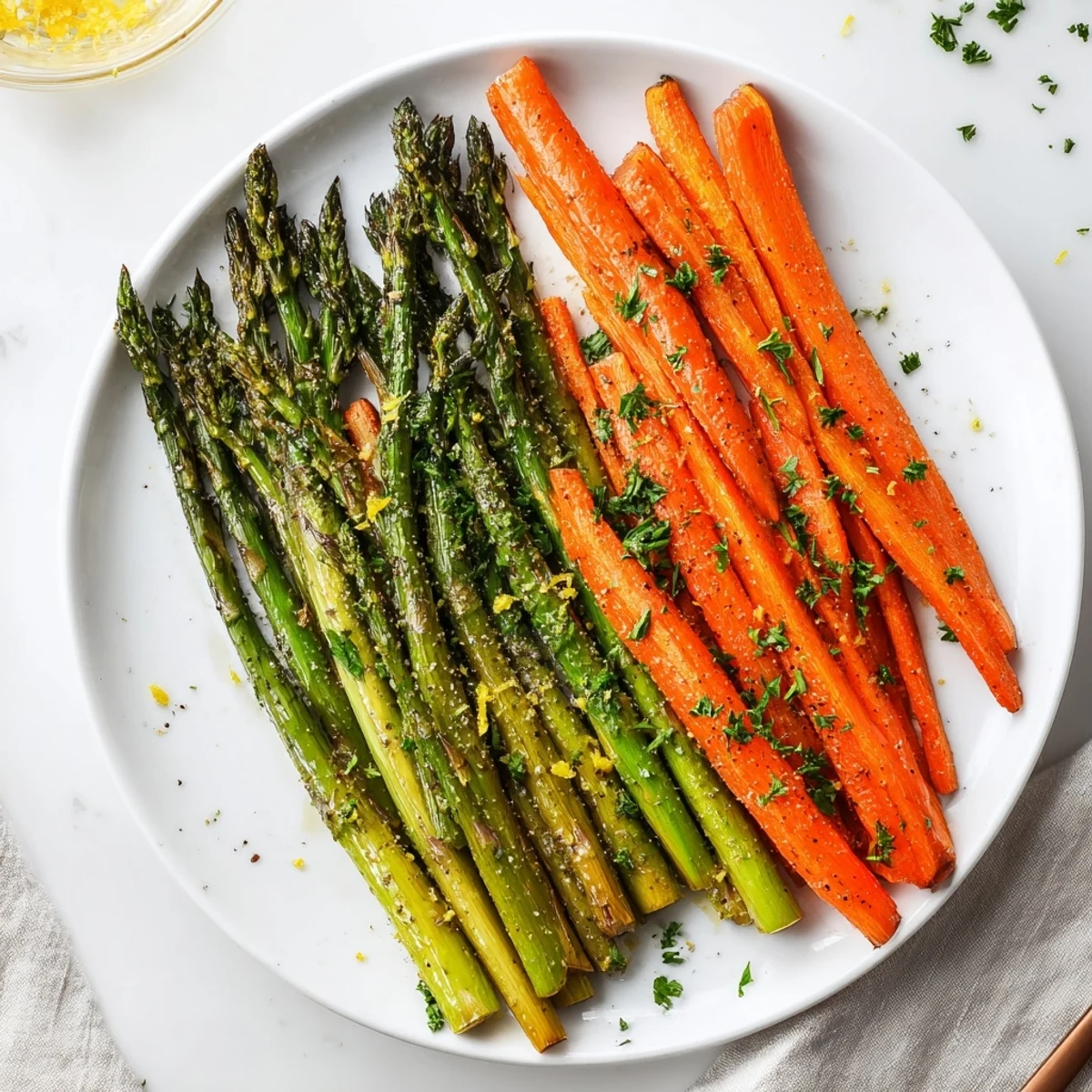 Tender roasted asparagus and sweet caramelized carrots seasoned with herbs and olive oil