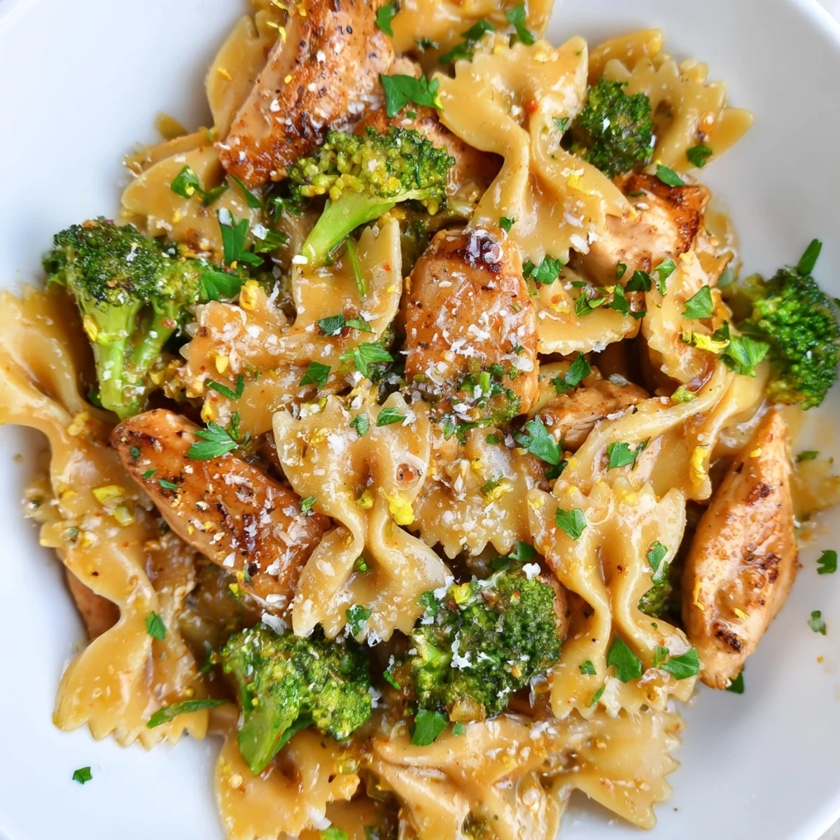 Golden bowtie pasta tossed with tender chicken and crisp broccoli in zesty cowboy butter lemon sauce