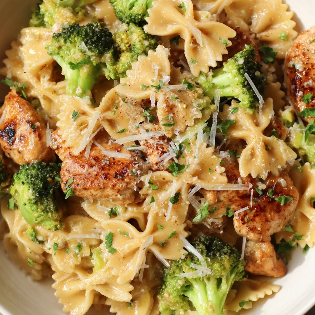 Creamy cowboy butter lemon pasta dish featuring succulent chicken pieces and fresh green broccoli florets on a white plate