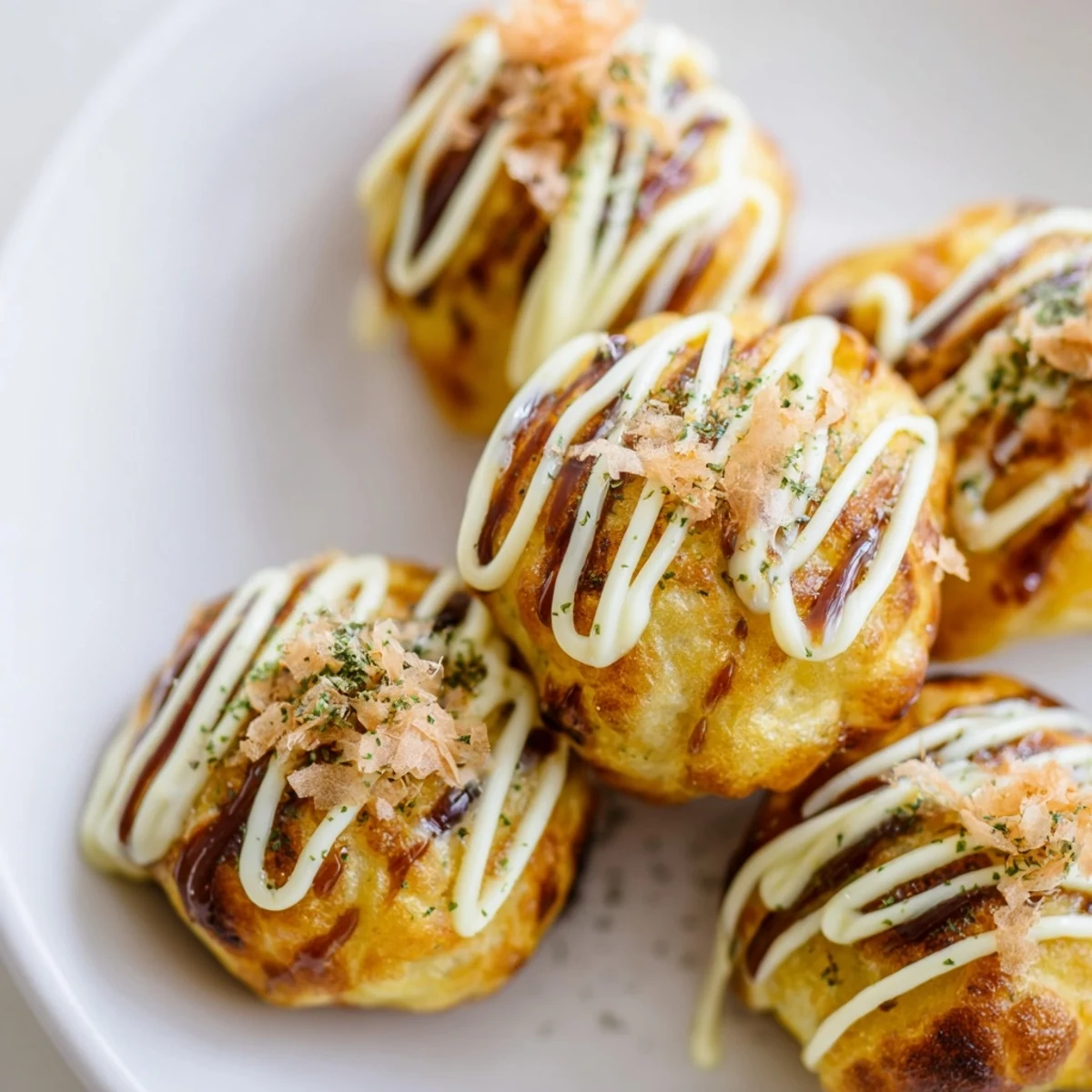 Golden Takoyaki balls drizzled with savory sauce and topped with dancing bonito flakes