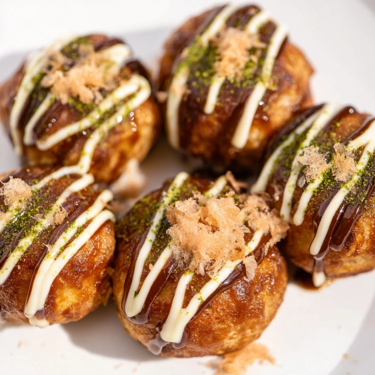 Crispy Japanese Takoyaki served hot with mayonnaise, dried seaweed, and tender octopus pieces