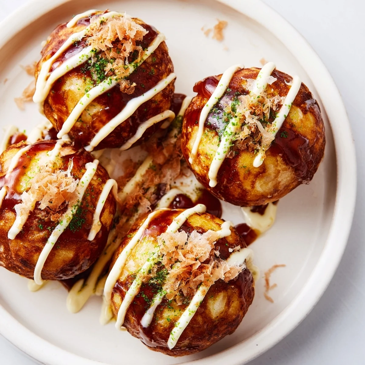 Savory Takoyaki appetizer filled with octopus and ginger, garnished with tangy sauce and seaweed