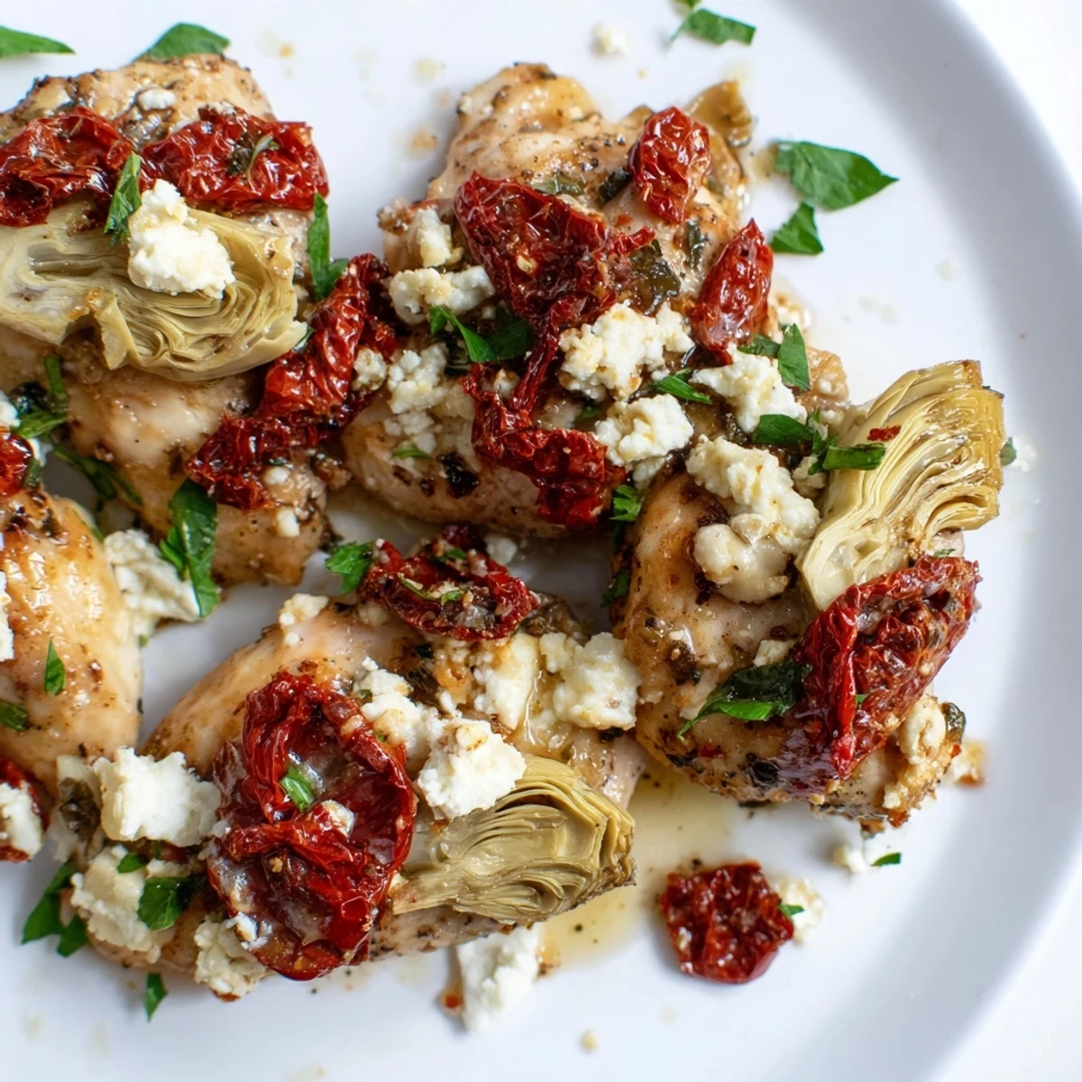Golden broiled chicken topped with artichoke hearts and melted feta cheese