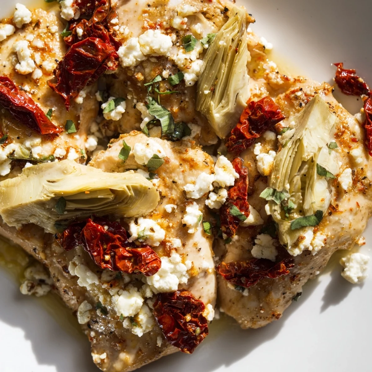 Mediterranean style broiled artichoke chicken seasoned with lemon garlic and oregano