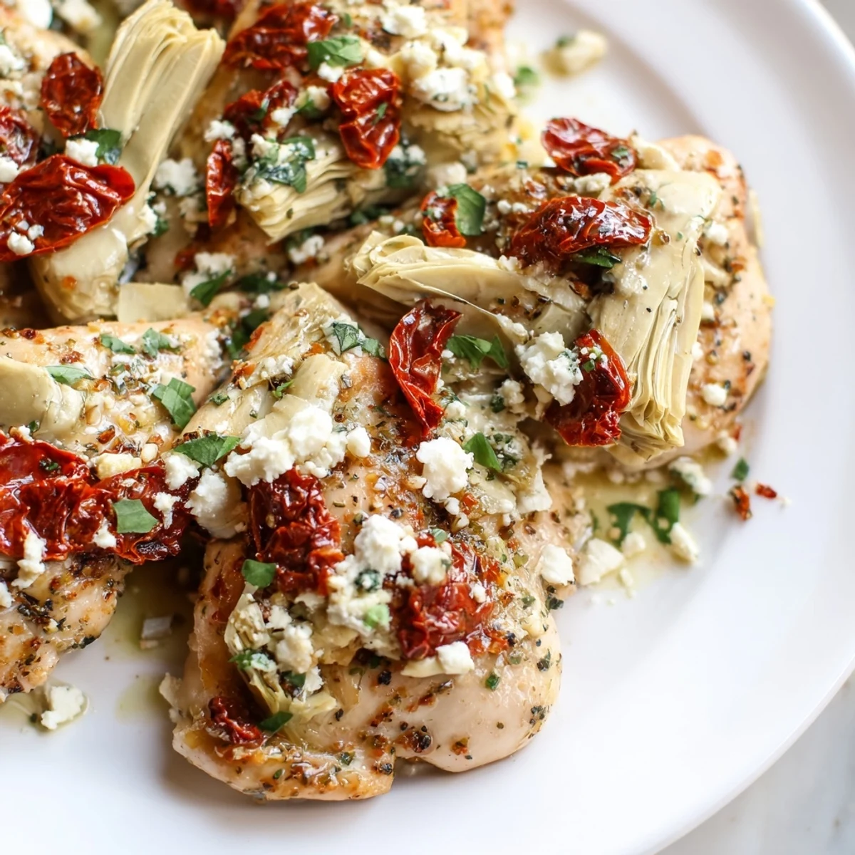 Tender chicken breasts broiled with marinated artichokes tangy feta and fresh herbs