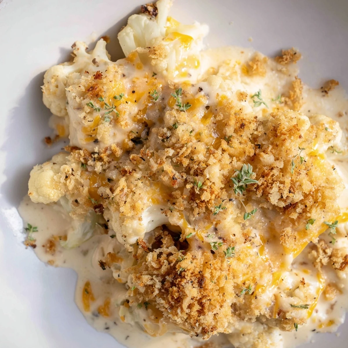 Golden baked cauliflower casserole with melted cheddar cheese and crispy breadcrumb topping