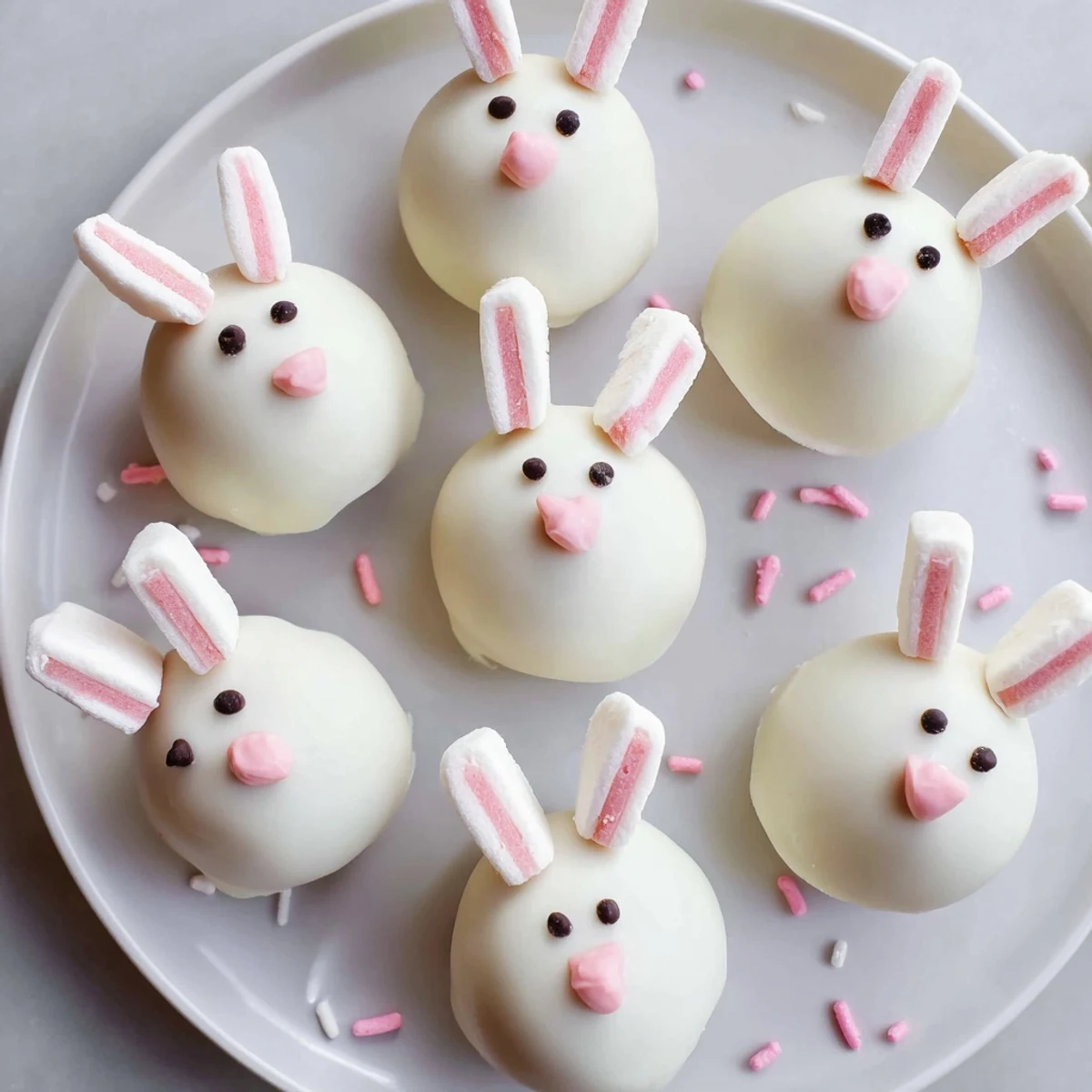 Creamy Oreo balls shaped like bunnies with white chocolate coating and marshmallow details