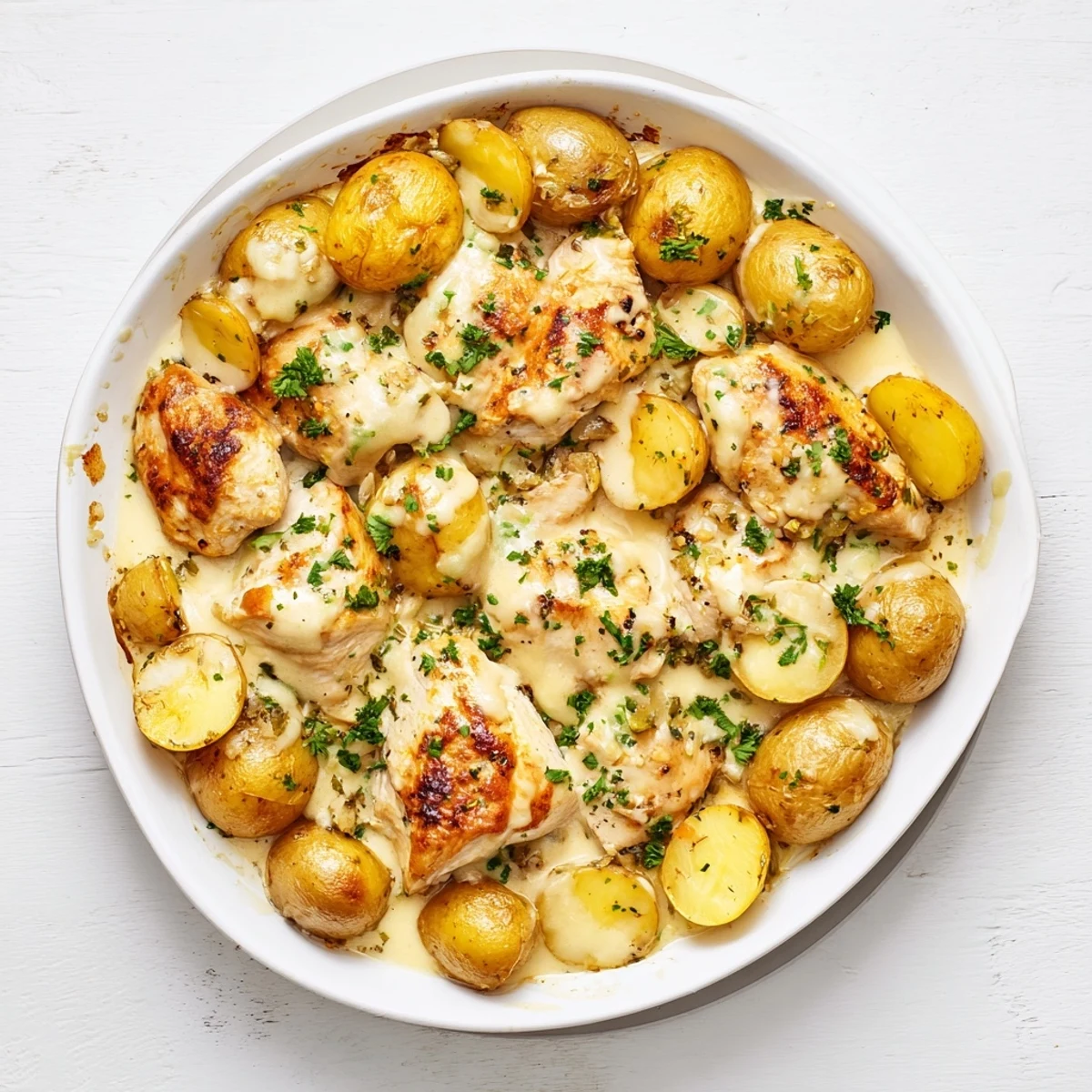 Golden chicken and baby potatoes swimming in rich garlic Parmesan cream sauce