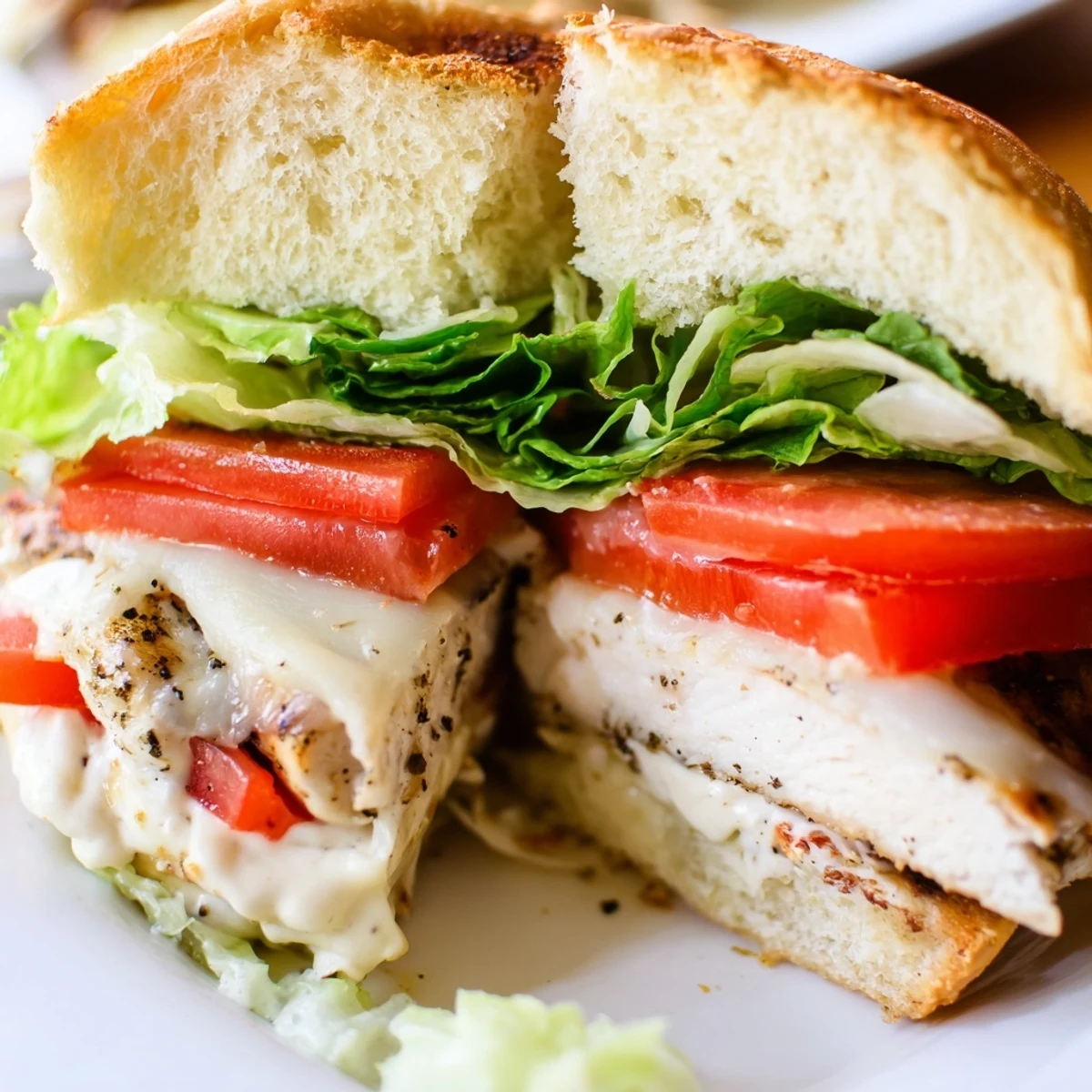 Golden garlic chicken sandwich with melted cheese on toasted bun layered with crisp lettuce and juicy tomato slices