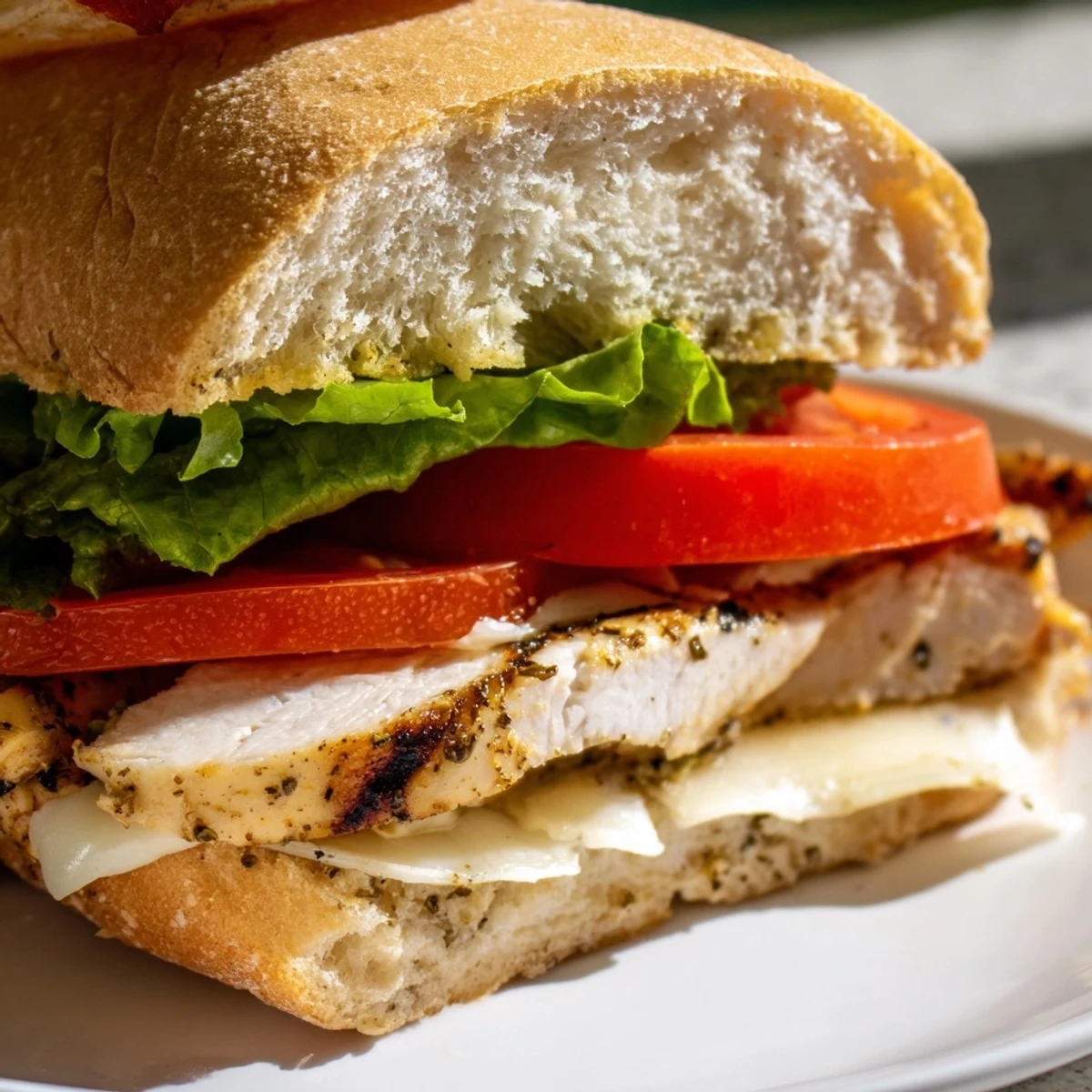Homemade garlic chicken sandwich featuring grilled breast topped with creamy garlic mayo and fresh vegetables on warm bread