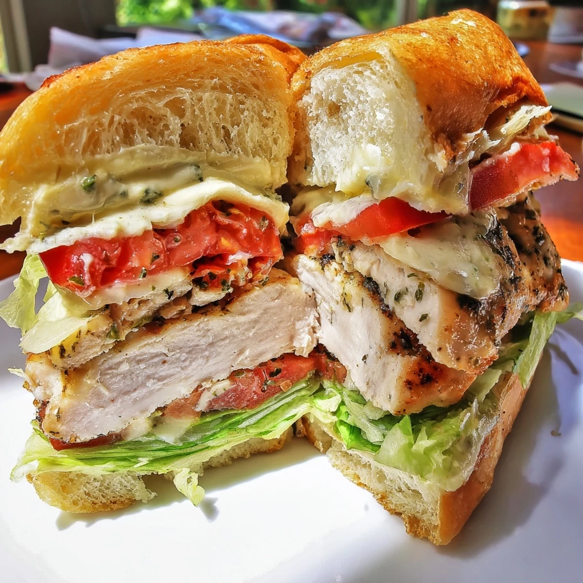 Close-up of garlic chicken sandwich stacked with ripe tomatoes lettuce and melted provolone on a toasted ciabatta roll