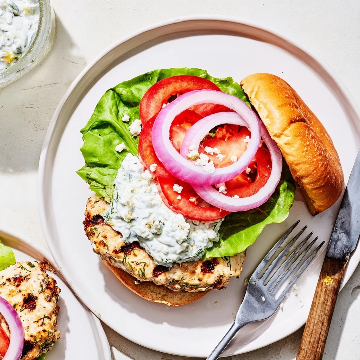 Golden brown Greek chicken burgers topped with creamy tzatziki sauce and fresh vegetables