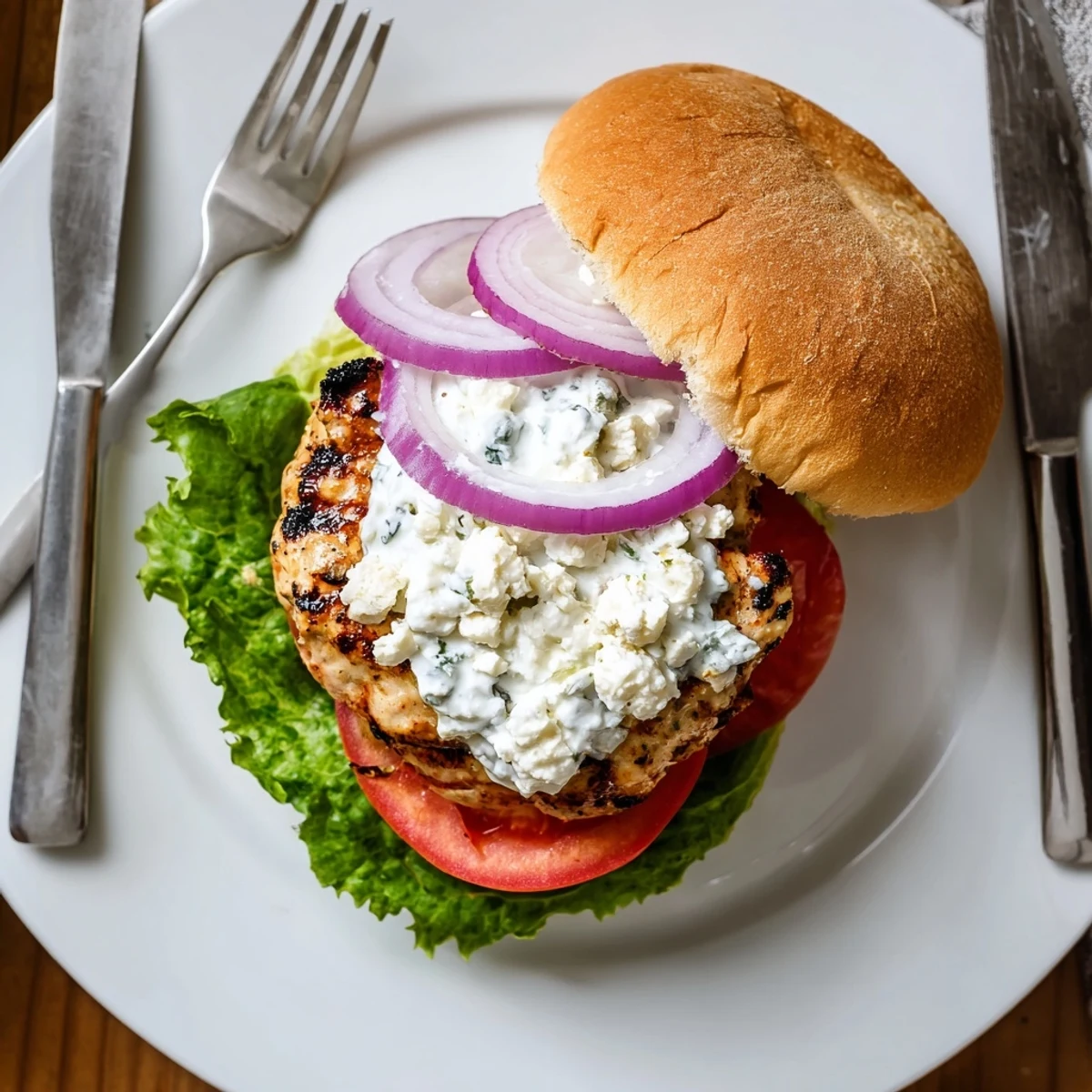 Succulent grilled chicken patties with feta and Mediterranean herbs served on toasted buns