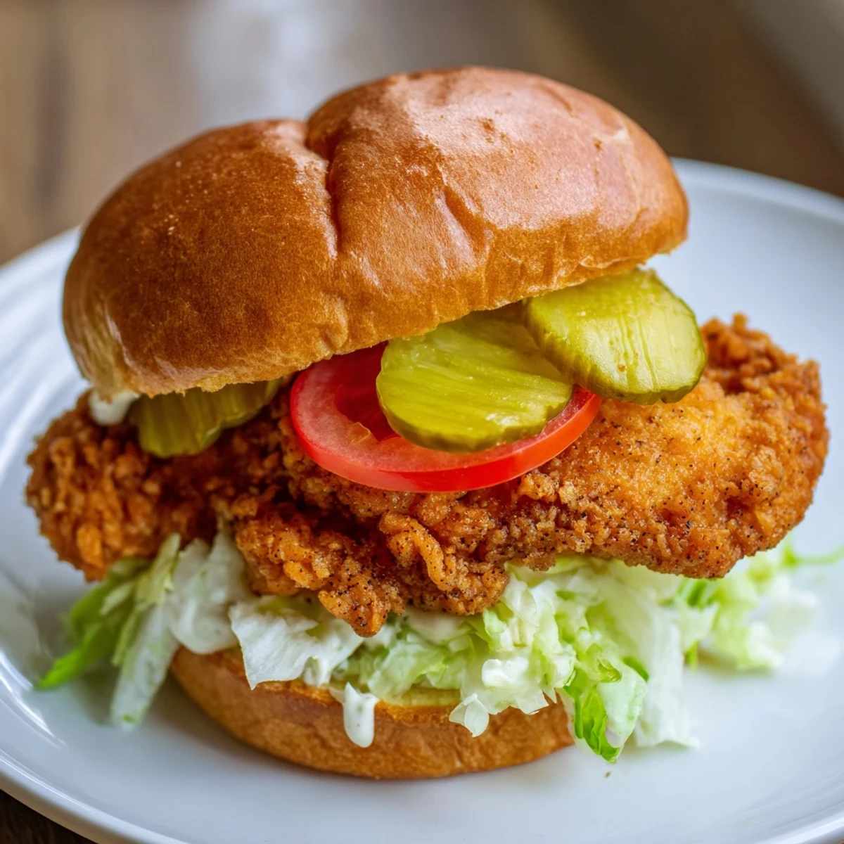 Golden fried crispy chicken burger stacked on toasted brioche with fresh lettuce and tangy pickles