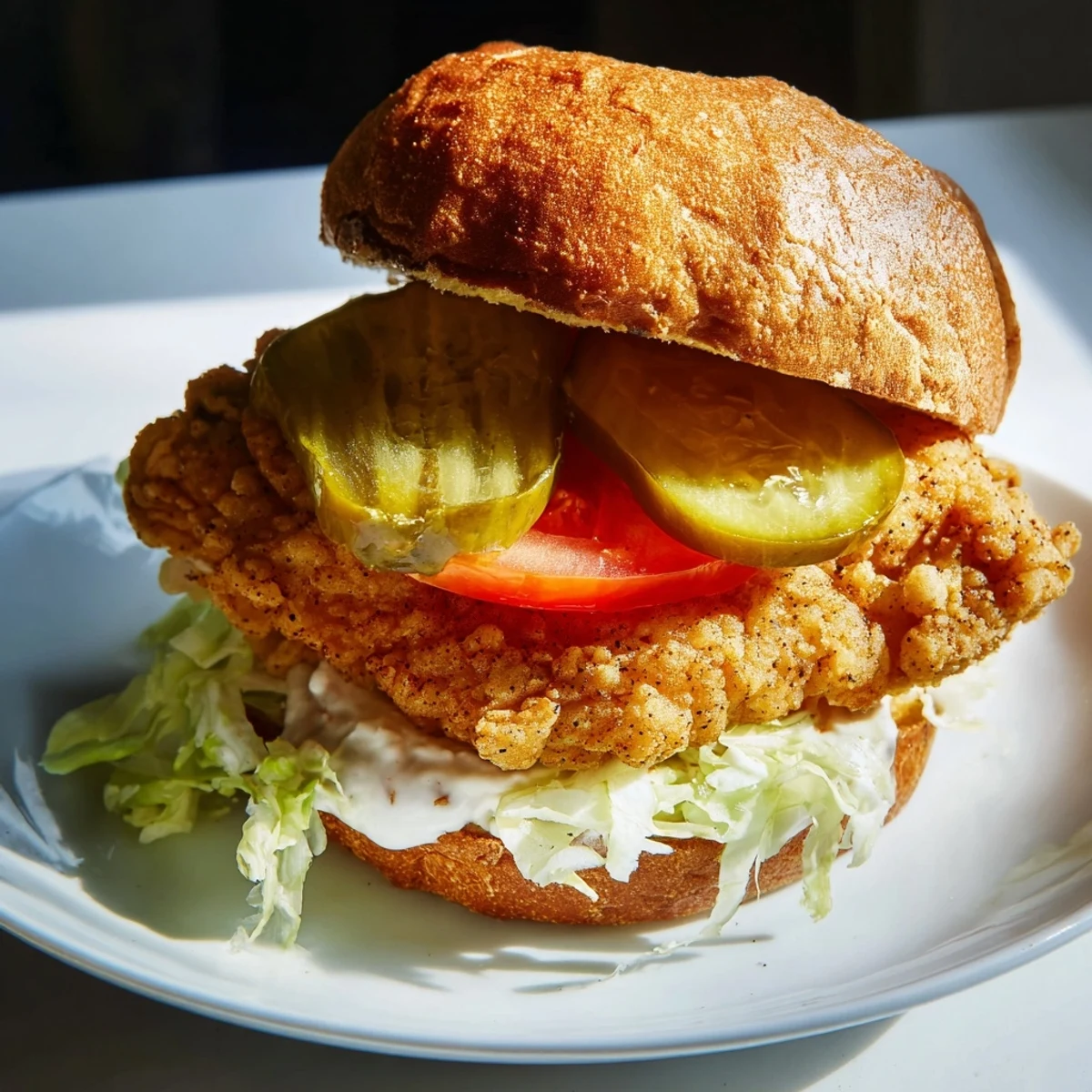 Satisfying crispy chicken burger served on warm toasted bun with crisp shredded lettuce and dill pickles