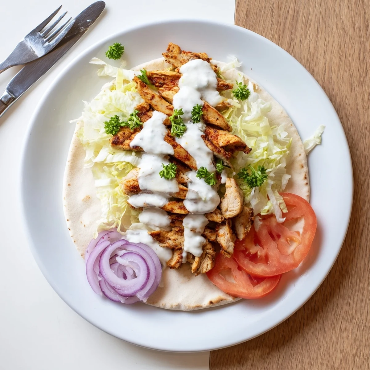 Savory Middle Eastern chicken shawarma wrapped in warm pita with fresh vegetables and zesty homemade toum garlic sauce