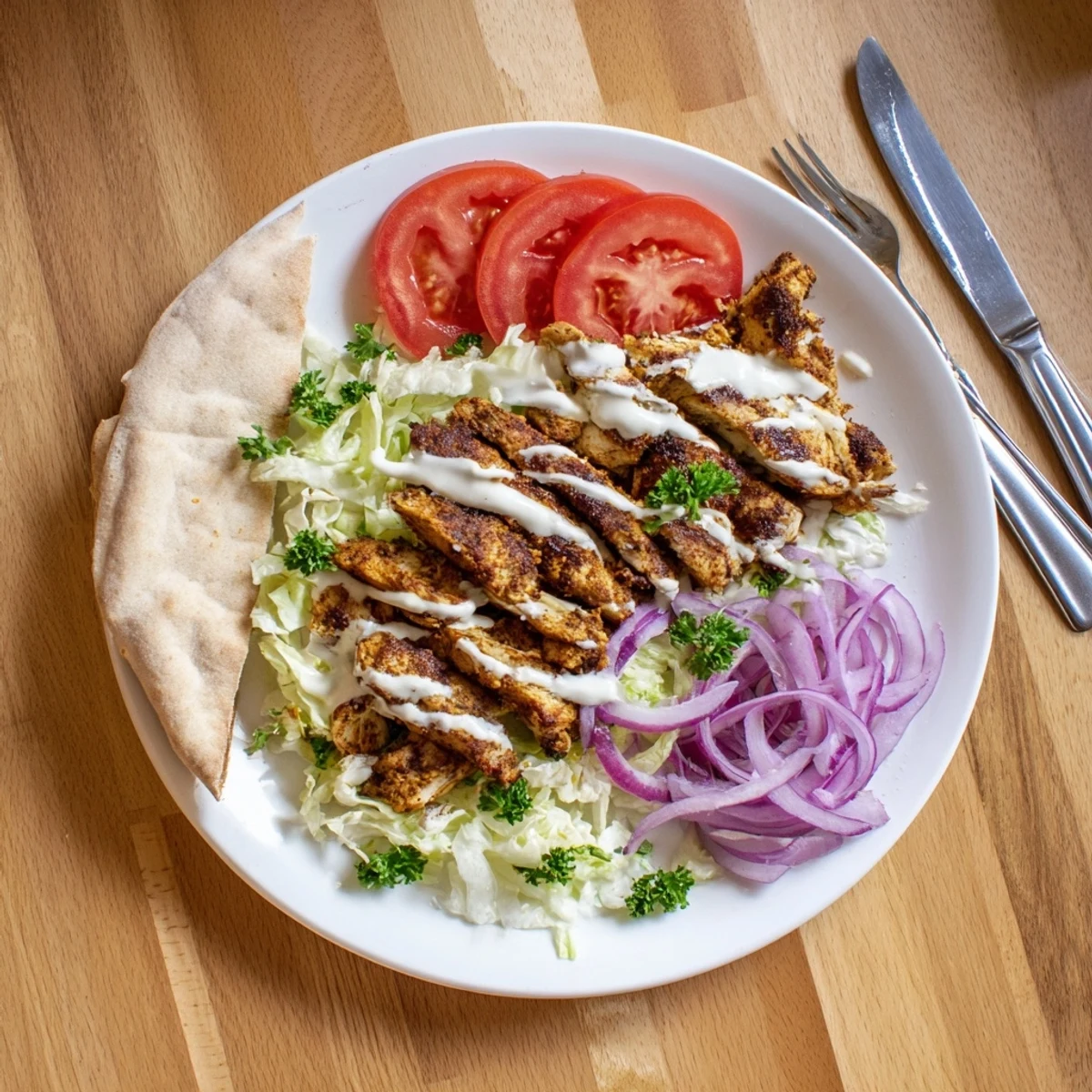 Golden brown spiced chicken shawarma sliced thin with creamy white garlic sauce drizzled generously over tender meat pieces