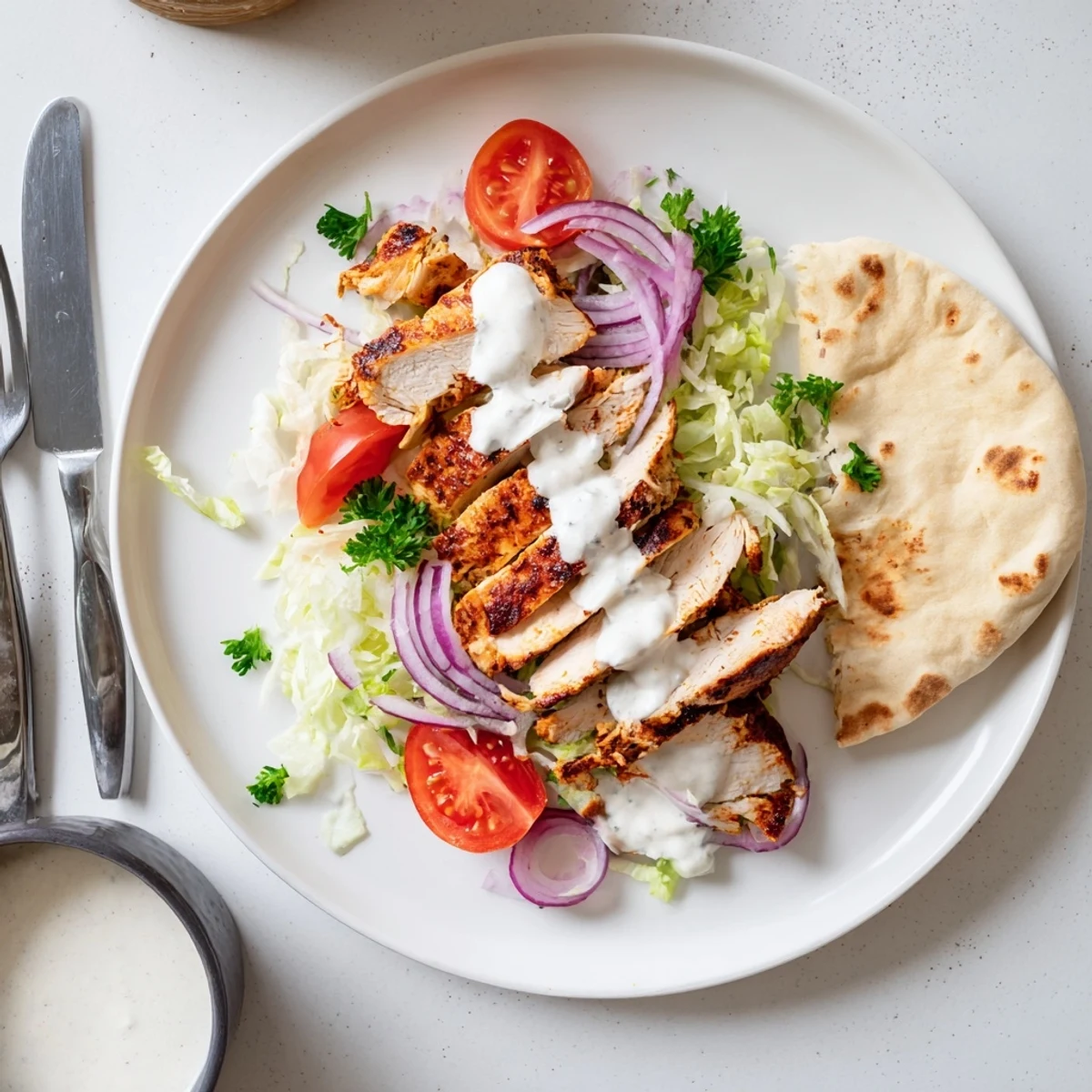 Char grilled chicken shawarma spiced with cumin and coriander served alongside thick garlic dipping sauce and crisp lettuce