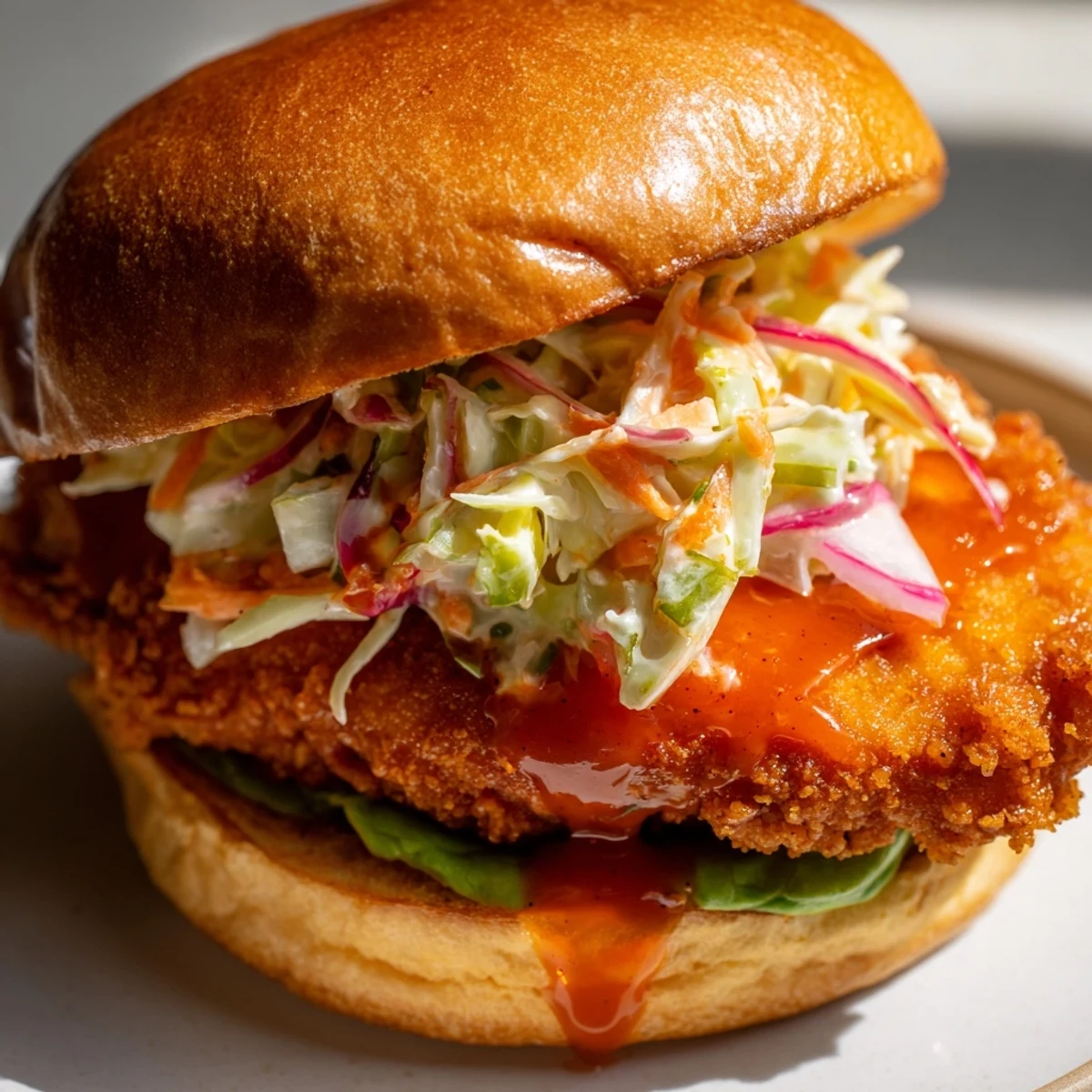 Juicy fried buffalo chicken fillet topped with cool cabbage carrot slaw and creamy ranch dressing on soft bun