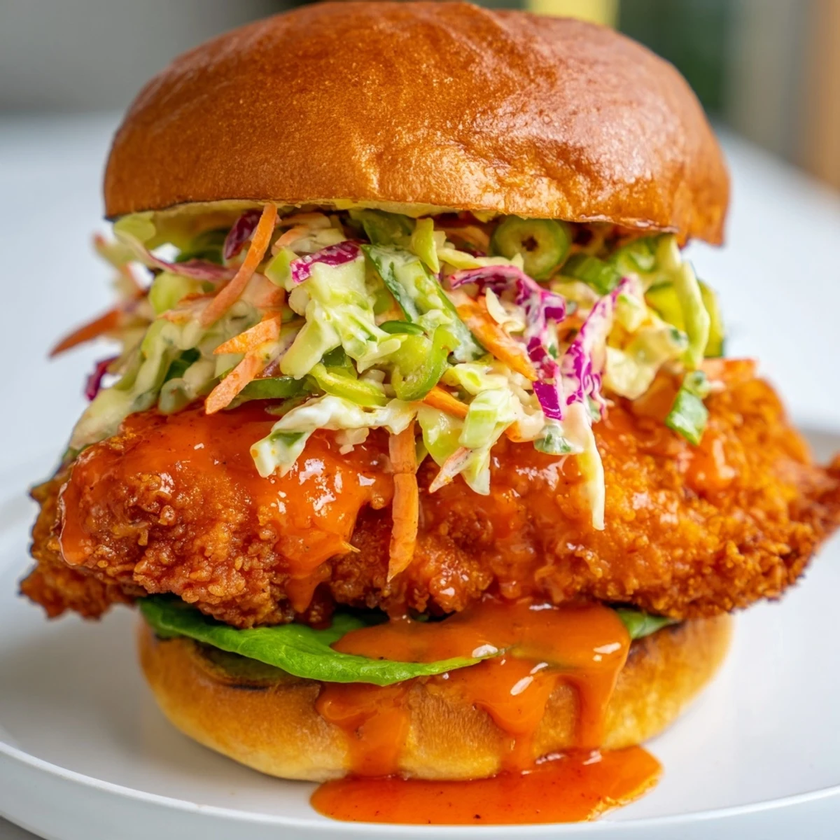 Crispy buffalo chicken sandwich layered with lettuce pickles and tangy coleslaw on golden brown toasted brioche bread