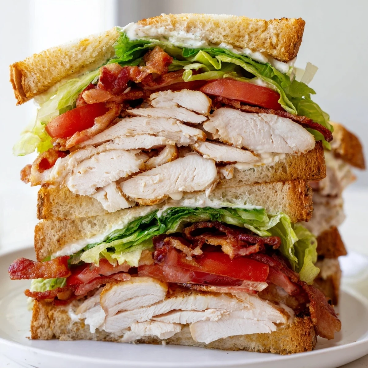 Diagonally sliced chicken club sandwich revealing layers of seasoned chicken breast, crunchy bacon, and creamy mayonnaise between bread