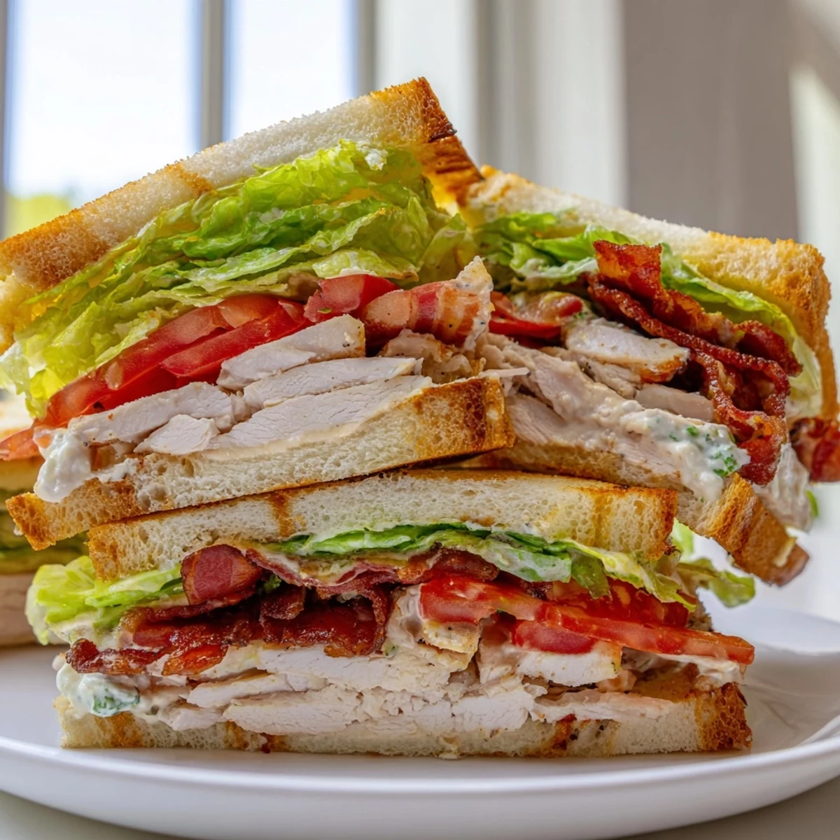 Classic American chicken club sandwich featuring tall layers of crispy bacon, ripe tomatoes, crisp romaine lettuce on toasted bread