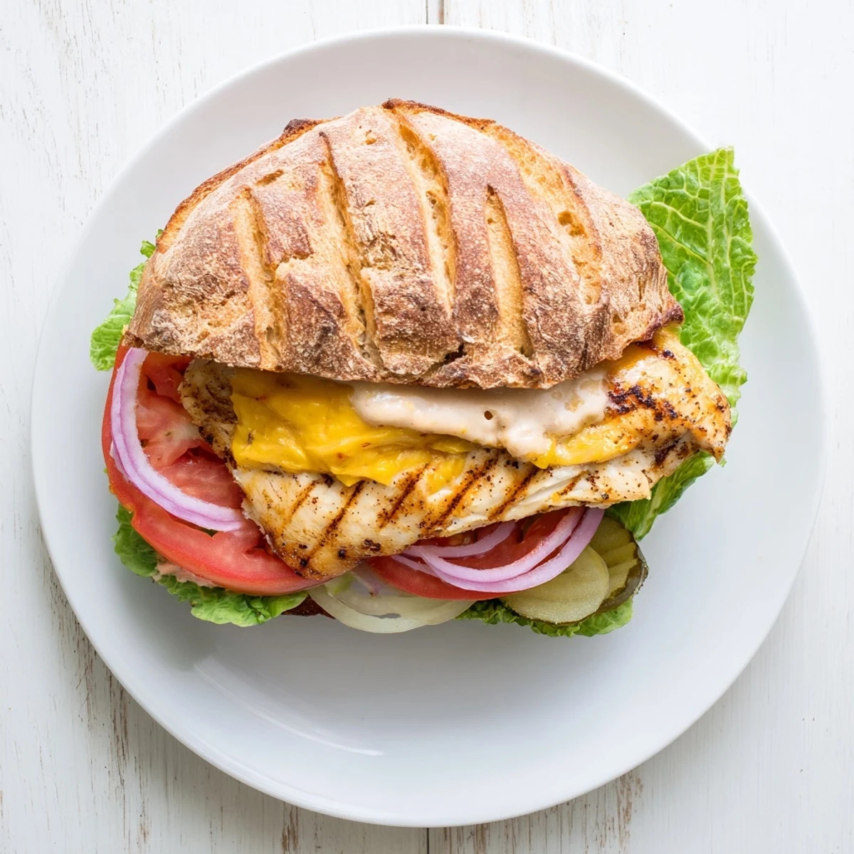 Juicy grilled chicken breast layered with crisp lettuce tomato and melted cheddar on toasted bun