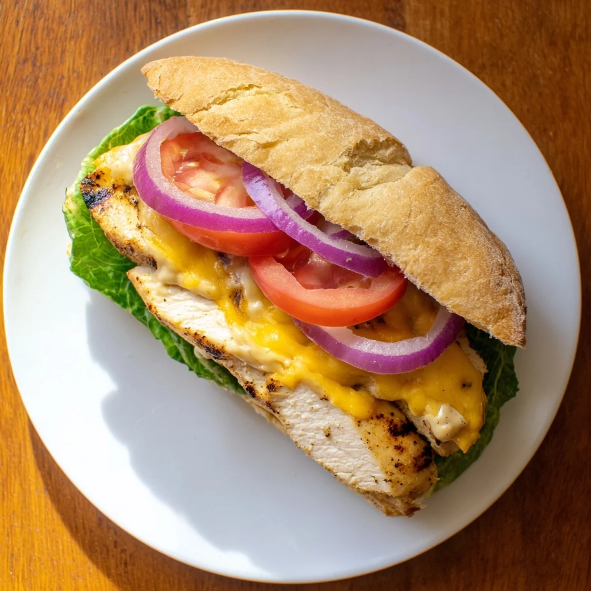 Golden brown grilled chicken sandwich overflowing with fresh vegetables and creamy zesty spread for lunch