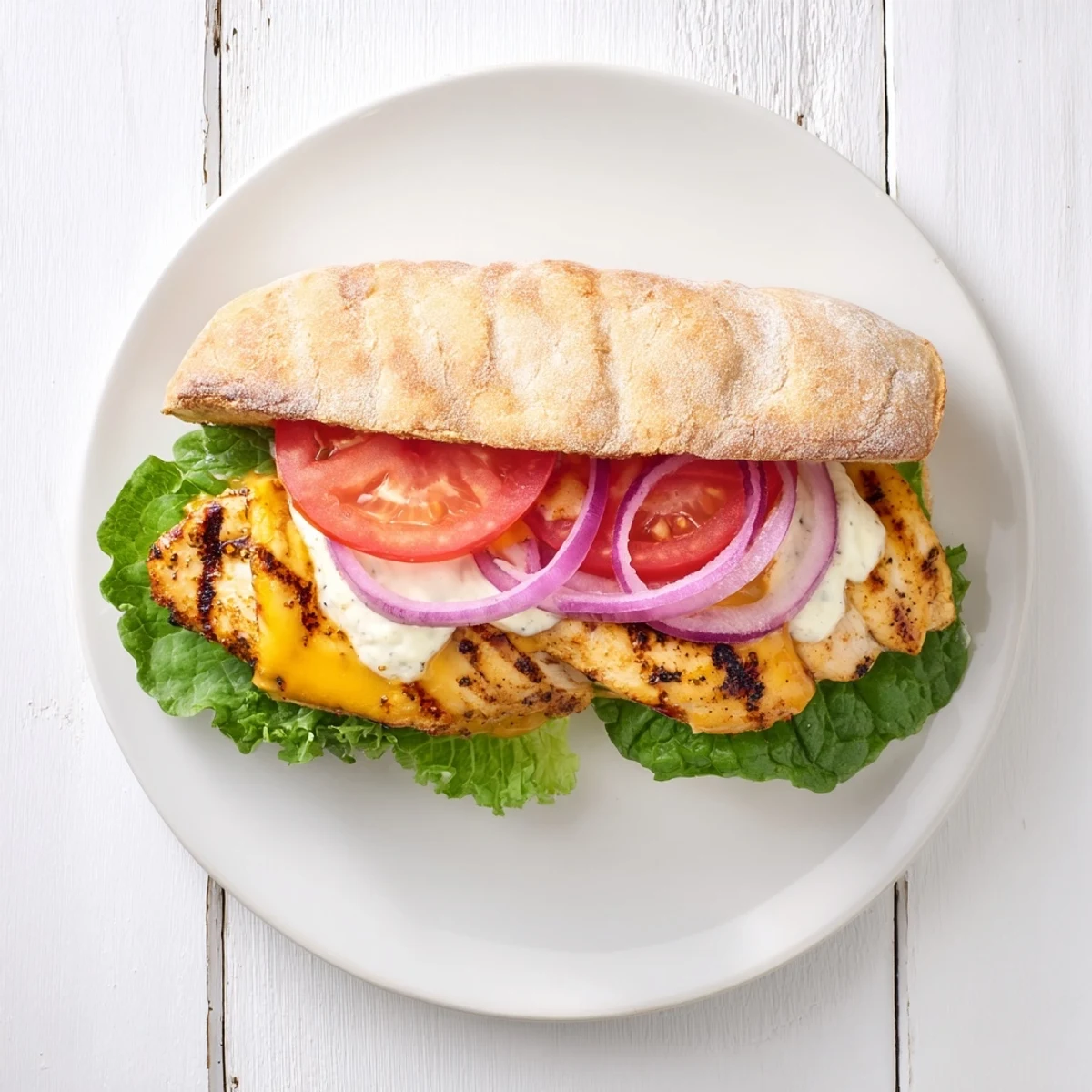 Savory grilled chicken breast sandwich with red onion slices and cheesy melted topping on soft roll