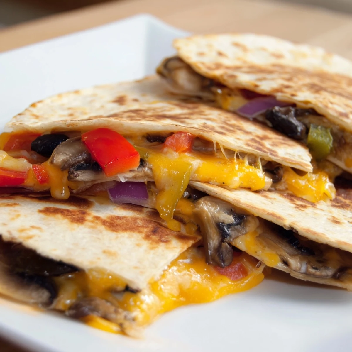 Crispy quesadilla wedges filled with gooey melted cheese and colorful bell peppers on a wooden board