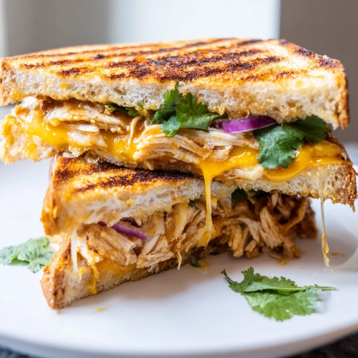 Sliced grilled cheese sandwich revealing tender BBQ pulled chicken and gooey cheese layers